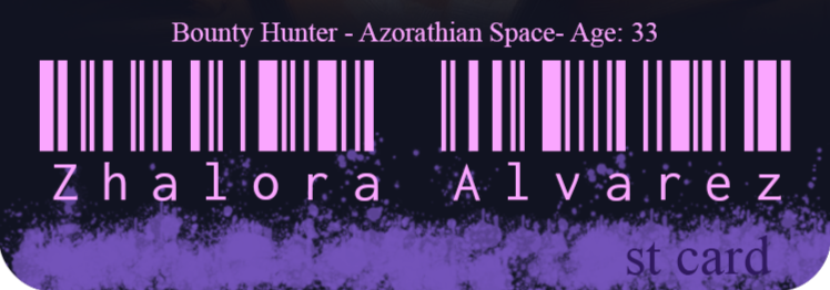 A sillytavern card for Zhalora Alverez a Kind and outgoing Bounty Hunter,